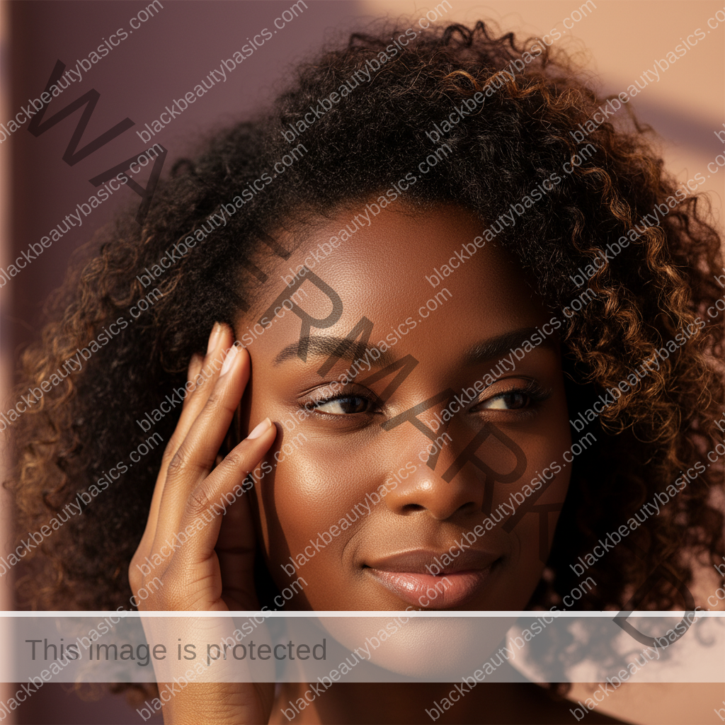 Melanin-rich Black woman with rich brown skin and textured hair relaxed after a gentle scalp-care routine