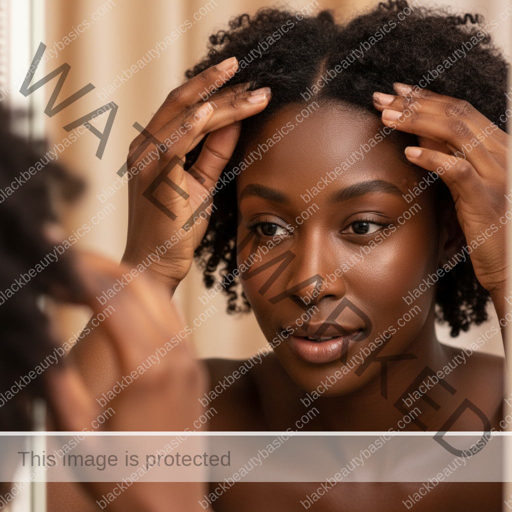 Melanin-rich Black woman with rich brown skin and textured hair gently checking scalp or hairline in a mirror