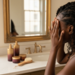Melanin-rich Black woman with rich brown skin and textured hair in a warm editorial scalp-care moment for Folliculitis Around the Hairline on Textured Hair