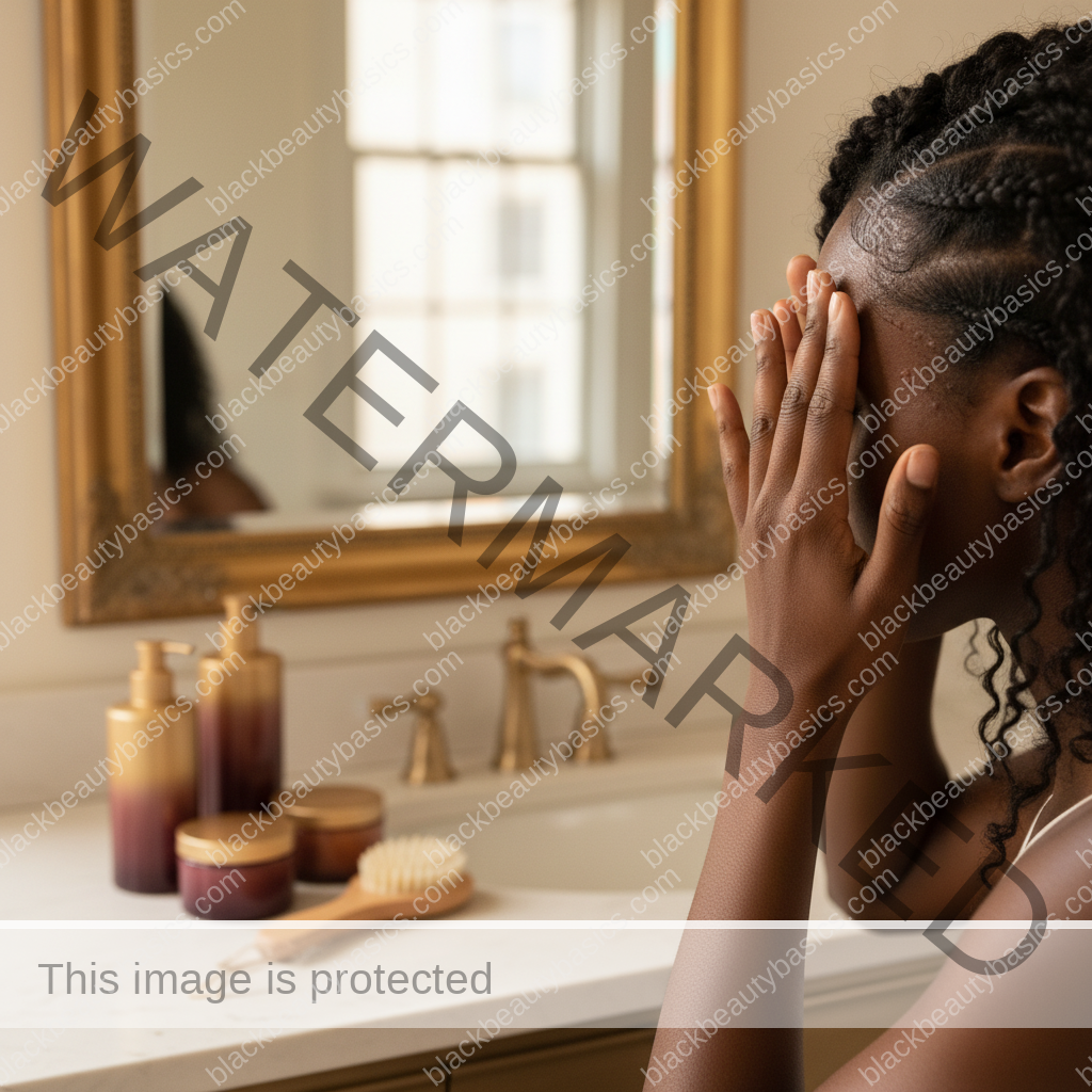 Melanin-rich Black woman with rich brown skin and textured hair in a warm editorial scalp-care moment for Folliculitis Around the Hairline on Textured Hair