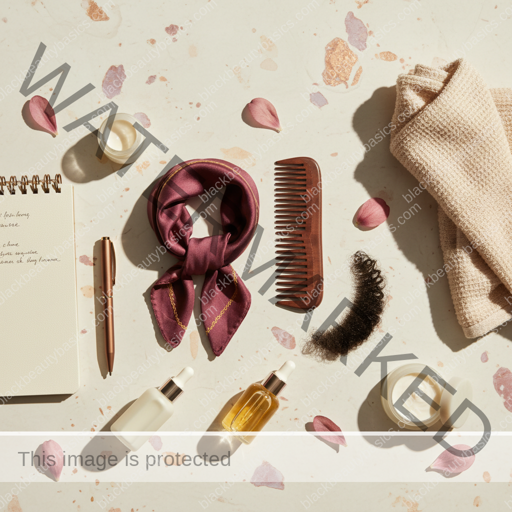 Scalp-care essentials for Folliculitis Around the Hairline on Textured Hair in ivory plum bronze and soft gold tones