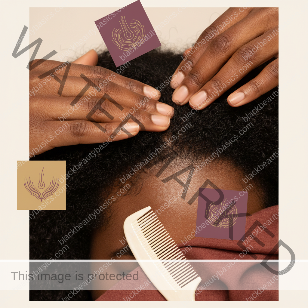 Melanin-rich Black woman with rich brown skin and textured hair using a practical scalp-care step with natural hands and correct anatomy
