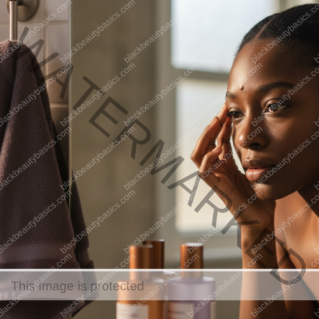 Black woman with richly melanated skin reflecting gently during an acne care routine