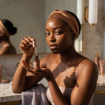 Black woman with deep skin in a calm acne-safe skincare moment for Forehead Acne on Black Women: Hair Products, Sweat, and Buildup