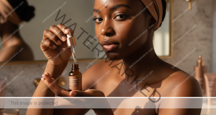 Black woman with deep skin in a calm acne-safe skincare moment for Forehead Acne on Black Women: Hair Products, Sweat, and Buildup