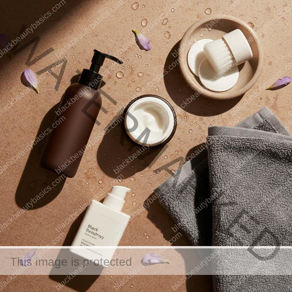 Acne-safe skincare essentials arranged for Forehead Acne on Black Women: Hair Products, Sweat, and Buildup