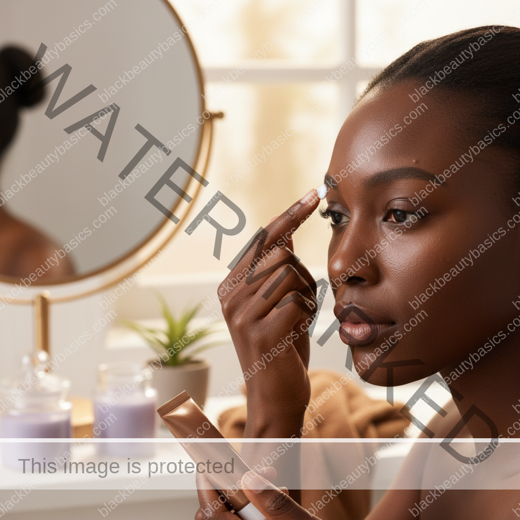 Black woman applying a gentle acne routine step for Forehead Acne on Black Women: Hair Products, Sweat, and Buildup