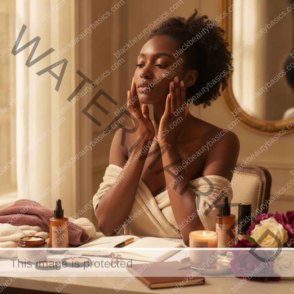Melanin-rich Black woman with rich brown skin relaxed after a calm beauty ritual