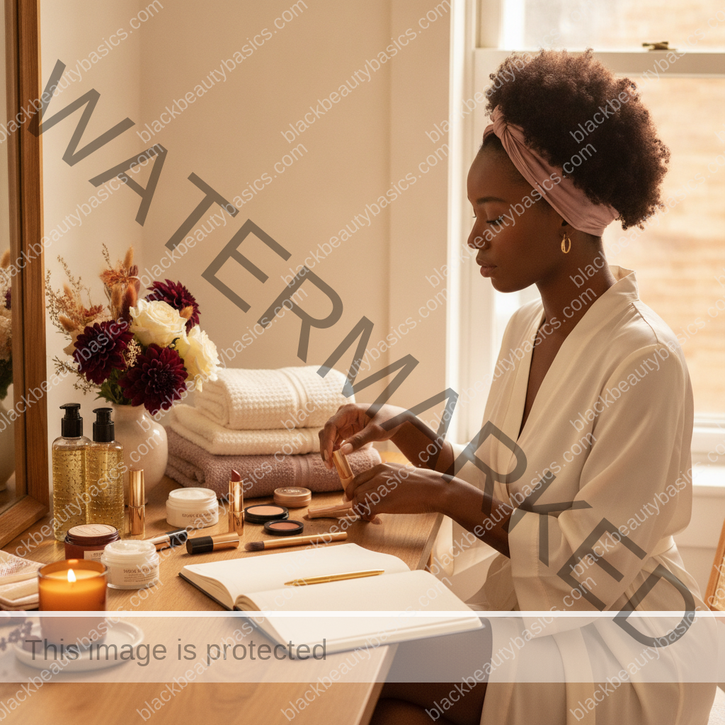Melanin-rich Black woman with rich brown skin arranging beauty products in a realistic ritual setting