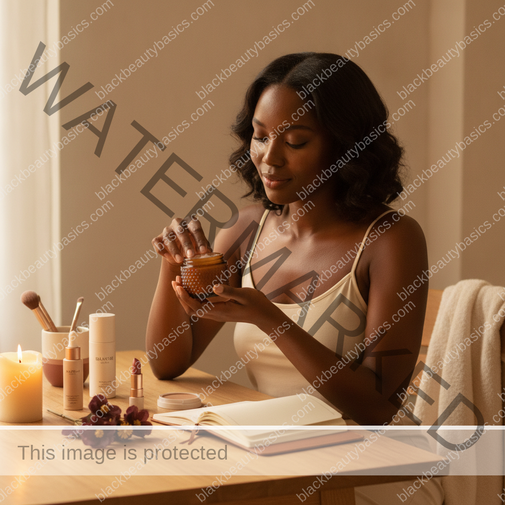 Melanin-rich Black woman with rich brown skin in a calm self-care ritual moment