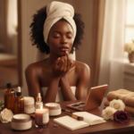 Melanin-rich Black woman with rich brown skin in a warm editorial beauty ritual moment for Getting-Ready Rituals Before Weddings, Parties, and Big Work Events