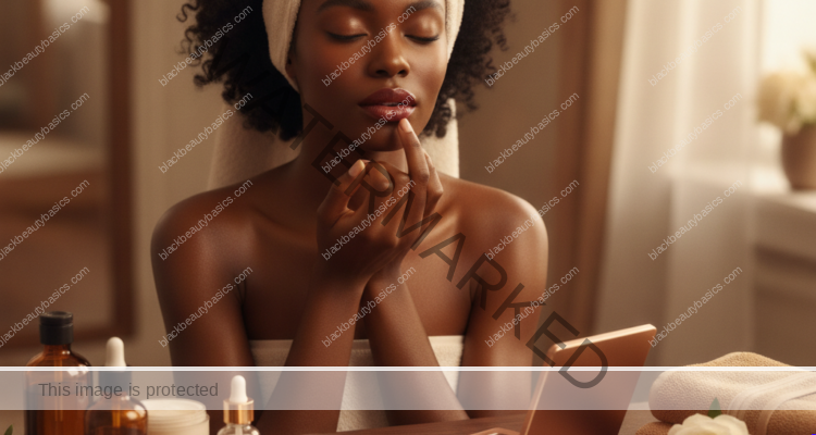 Melanin-rich Black woman with rich brown skin in a warm editorial beauty ritual moment for Getting-Ready Rituals Before Weddings, Parties, and Big Work Events