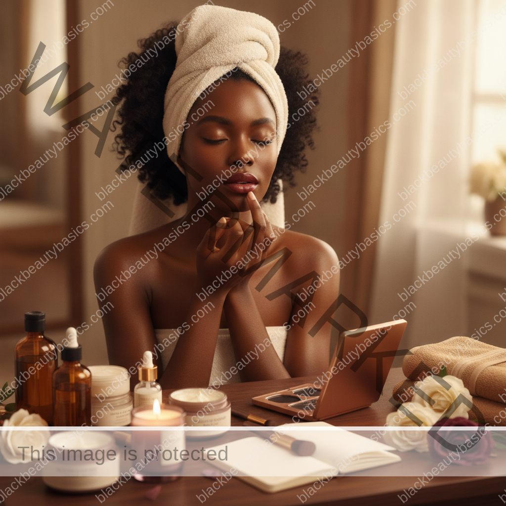 Melanin-rich Black woman with rich brown skin in a warm editorial beauty ritual moment for Getting-Ready Rituals Before Weddings, Parties, and Big Work Events