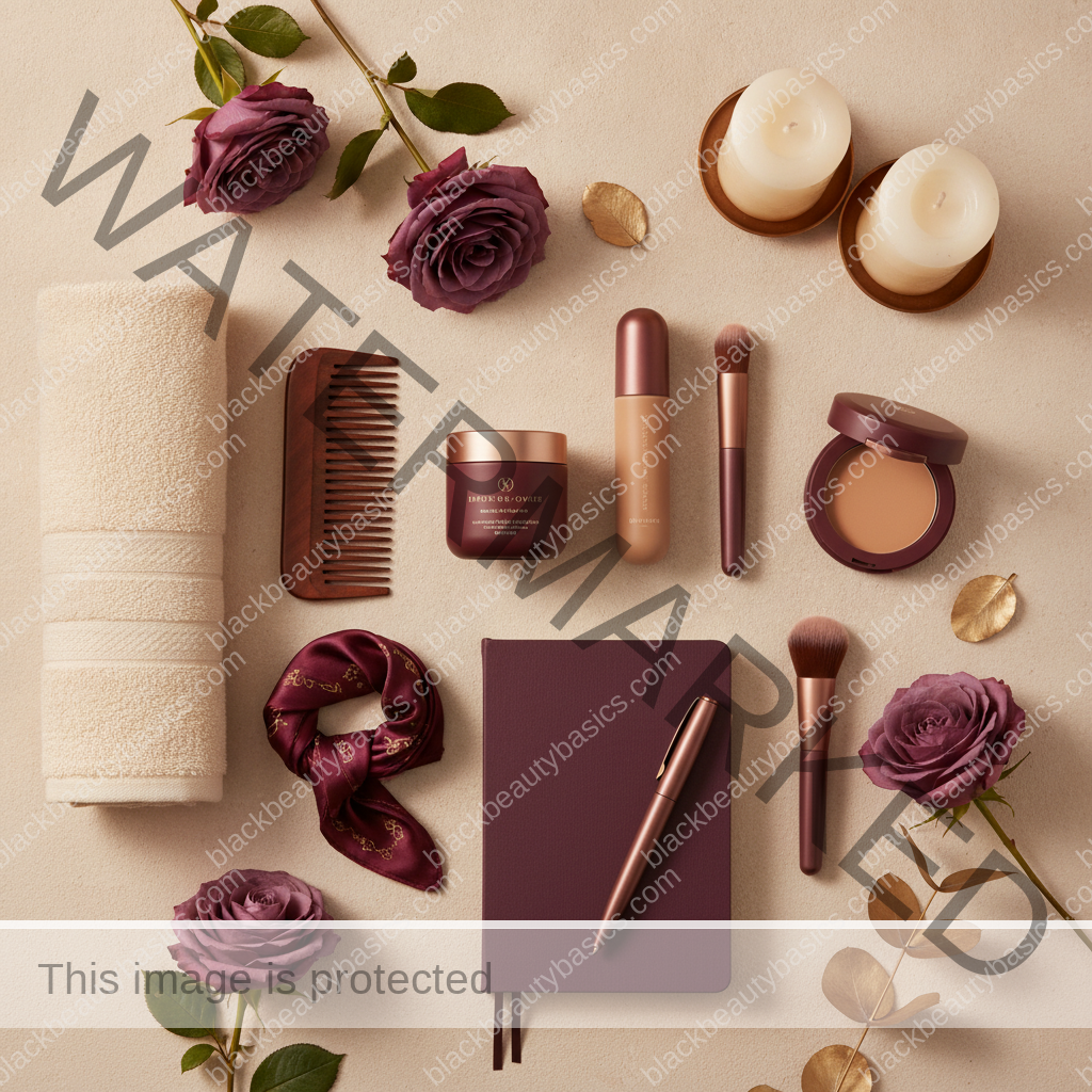 Clean self-care and beauty ritual flat lay for Getting-Ready Rituals Before Weddings, Parties, and Big Work Events in ivory plum bronze and soft gold tones