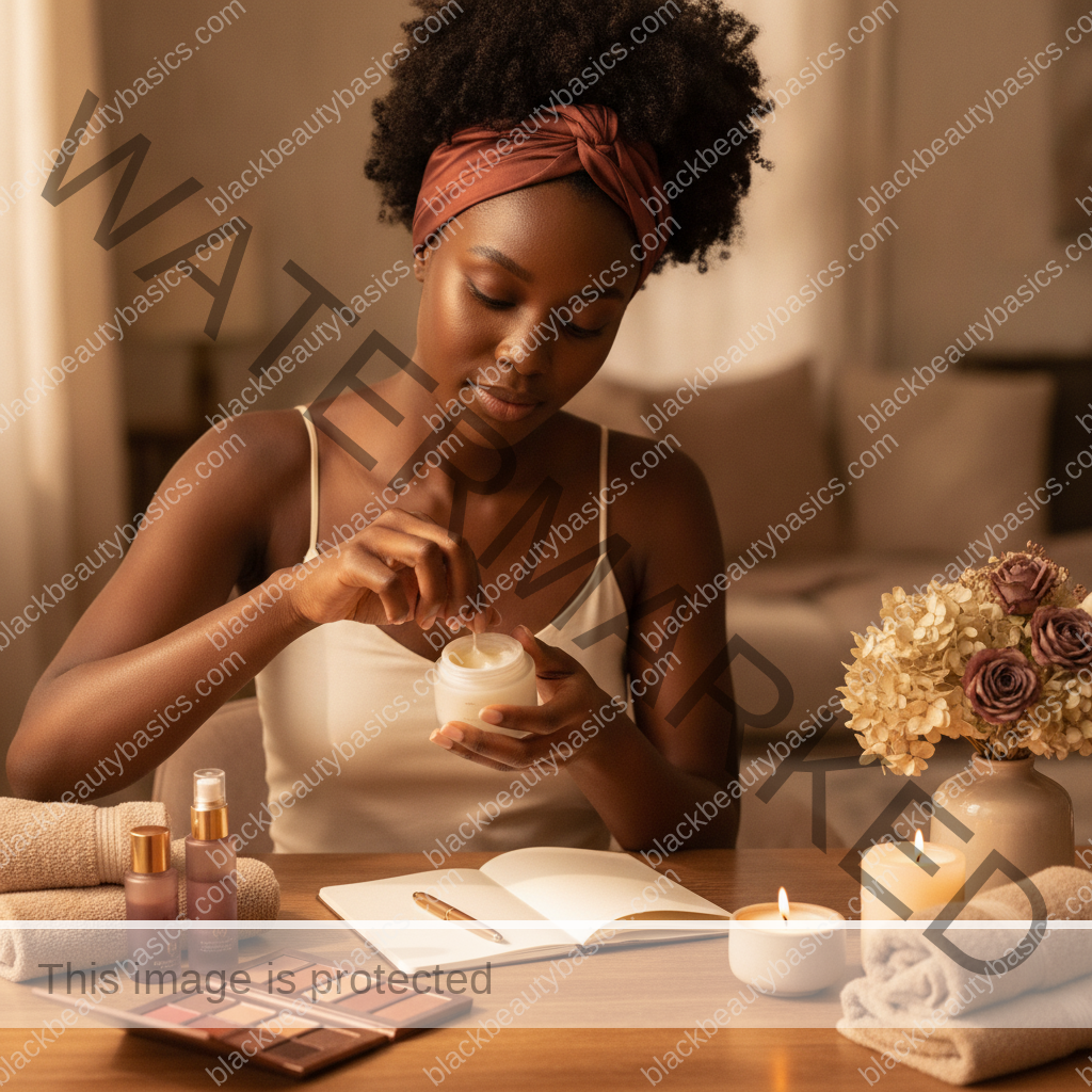 Melanin-rich Black woman with rich brown skin completing a gentle beauty ritual step with natural hands