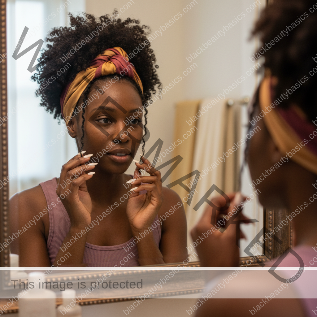 Melanin-rich Black woman with rich brown skin and textured hair in a calm mirror moment with natural hair