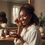 Melanin-rich Black woman with rich brown skin and textured hair in a warm editorial natural-hair routine moment for Gym-Friendly Natural Hairstyles That Won't Wreck Your Edges