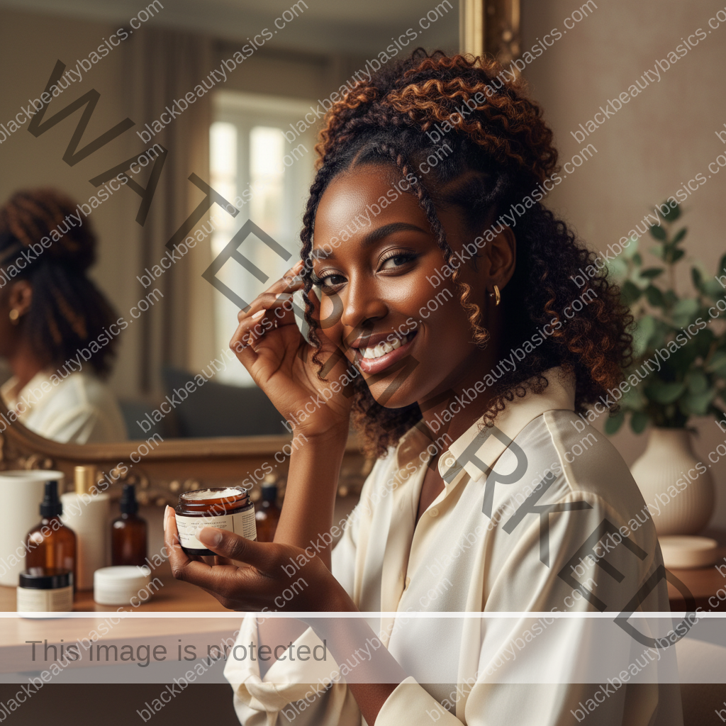Melanin-rich Black woman with rich brown skin and textured hair in a warm editorial natural-hair routine moment for Gym-Friendly Natural Hairstyles That Won't Wreck Your Edges