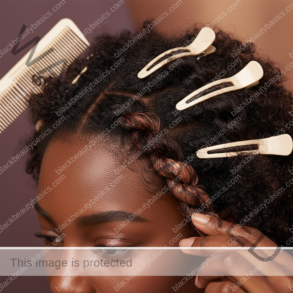 Melanin-rich Black woman with rich brown skin and textured hair using a practical natural-hair care step with natural hands and correct anatomy