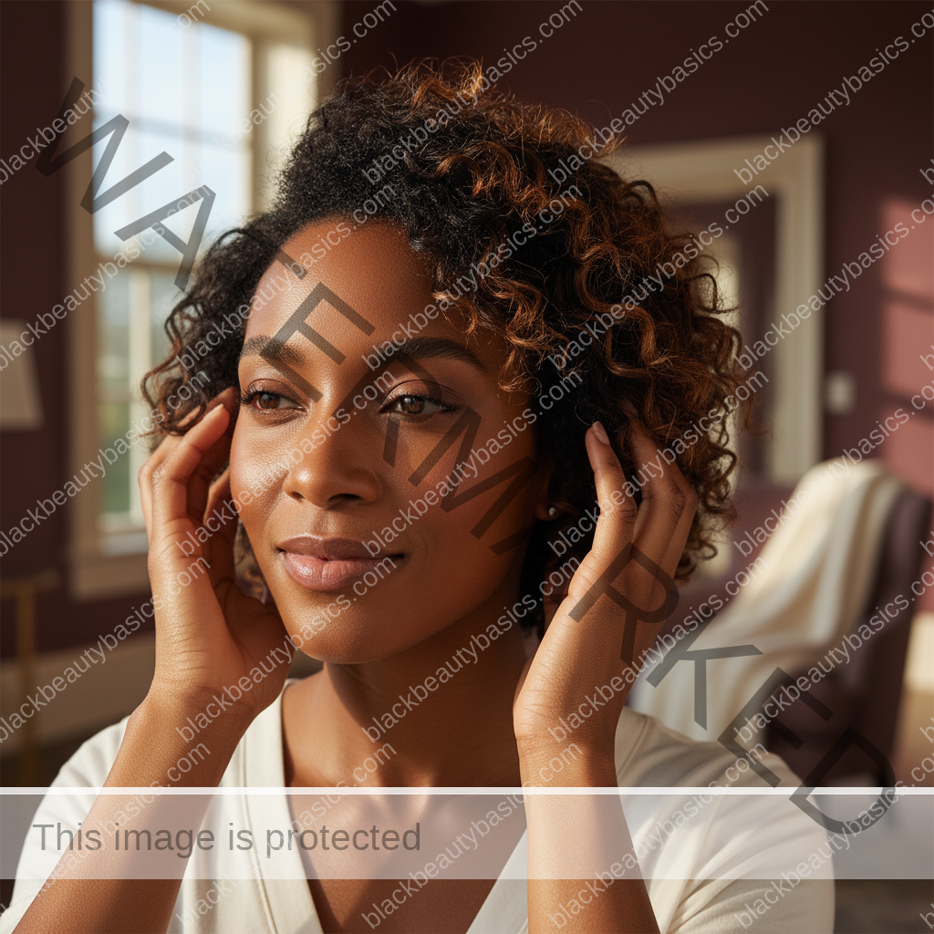 Melanin-rich Black woman with rich brown skin and textured hair relaxed after a gentle natural-hair routine