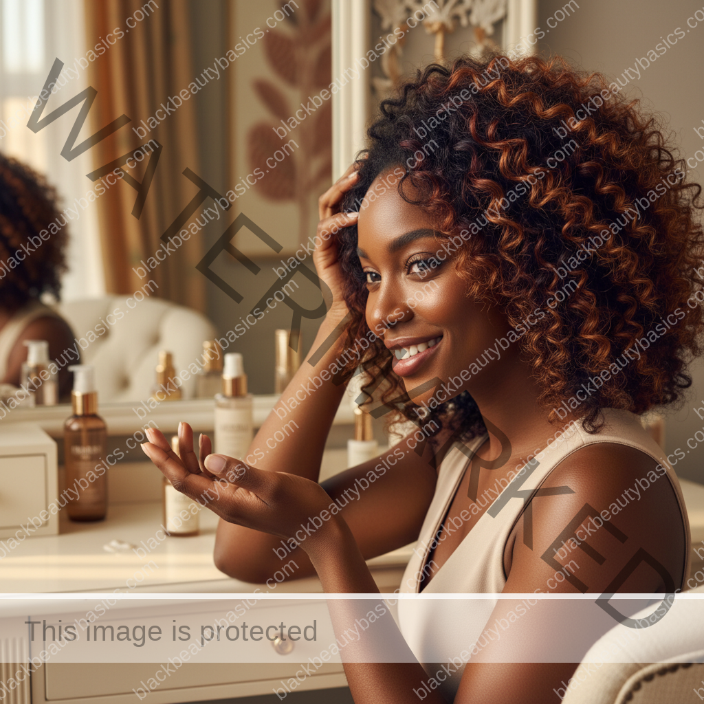 Melanin-rich Black woman with rich brown skin and textured hair in a warm editorial natural-hair routine moment for How to Know if Your Natural Hair Needs Moisture or Protein