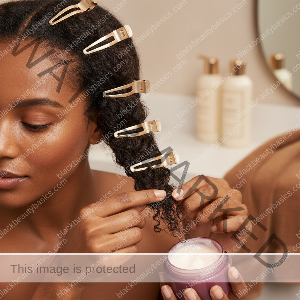 Melanin-rich Black woman with rich brown skin and textured hair using a practical natural-hair care step with natural hands and correct anatomy