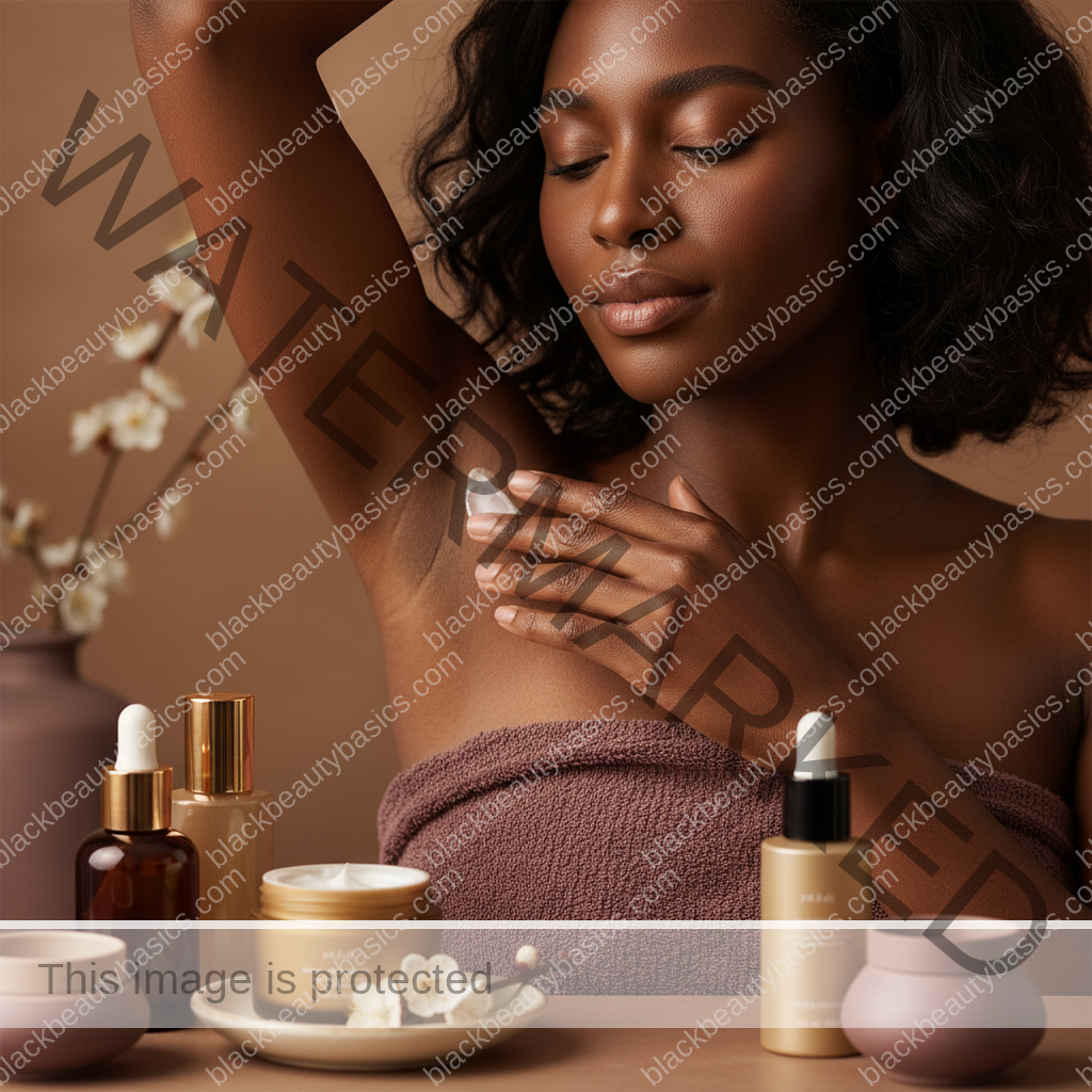 Melanin-rich Black woman with rich brown skin in a soft reassuring body care scene