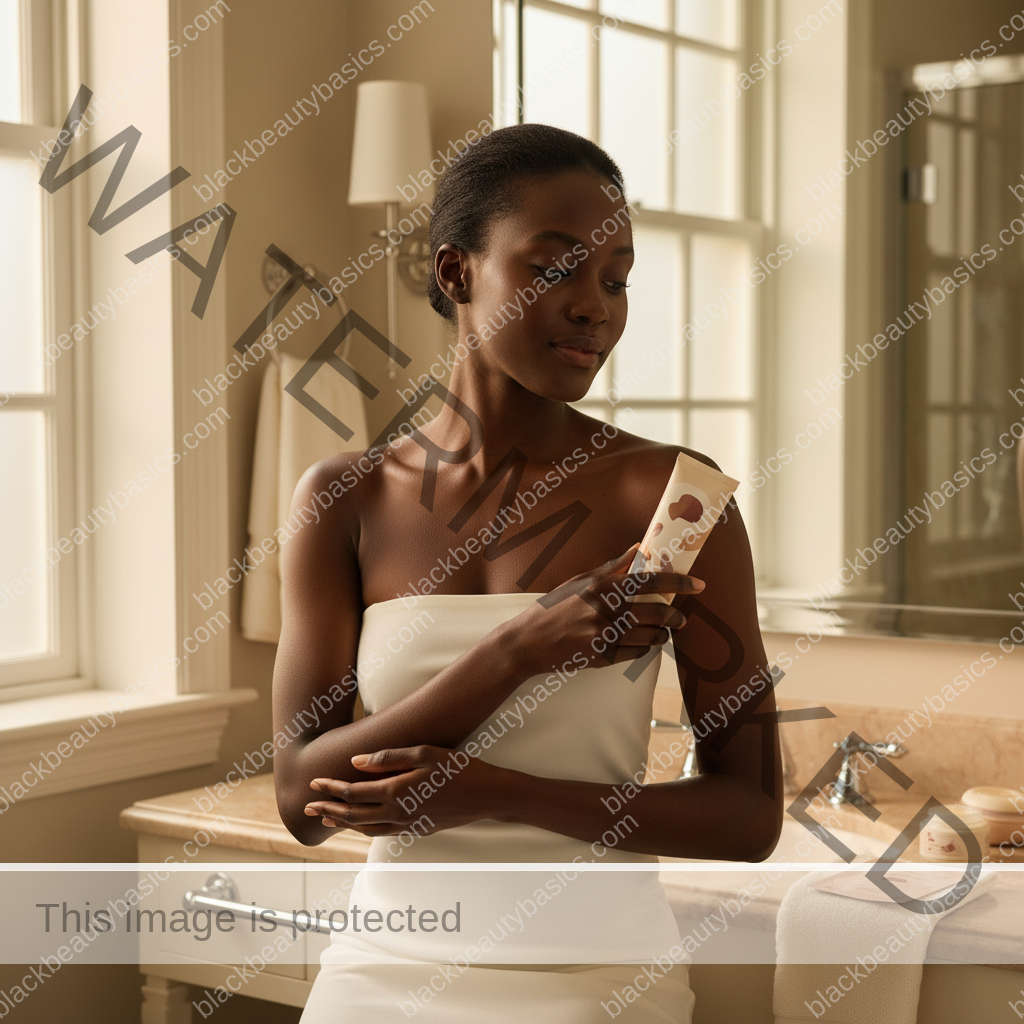 Melanin-rich Black woman with rich brown skin in a warm editorial body care moment for Hair Removal Routine for Sensitive Underarms on Deep Skin