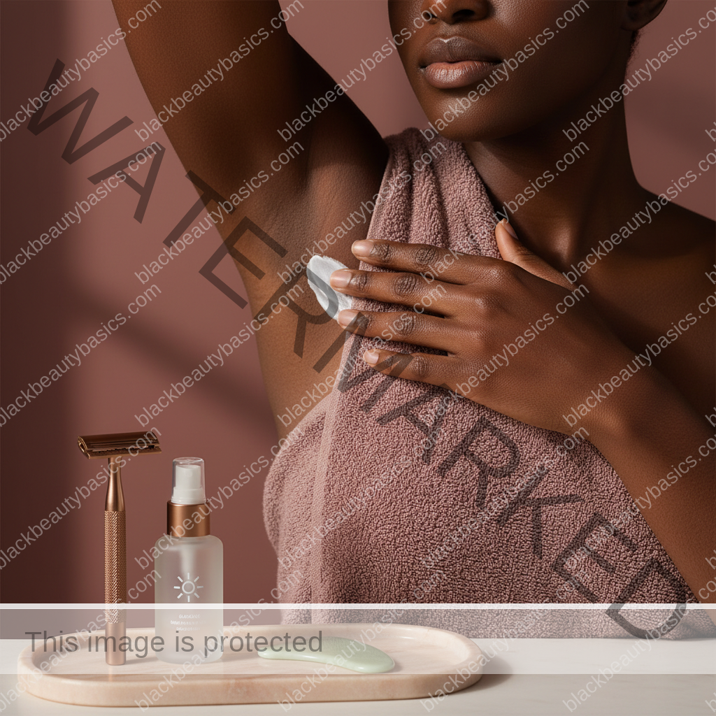 Melanin-rich Black woman with rich brown skin using a practical body care step with natural hands and correct anatomy