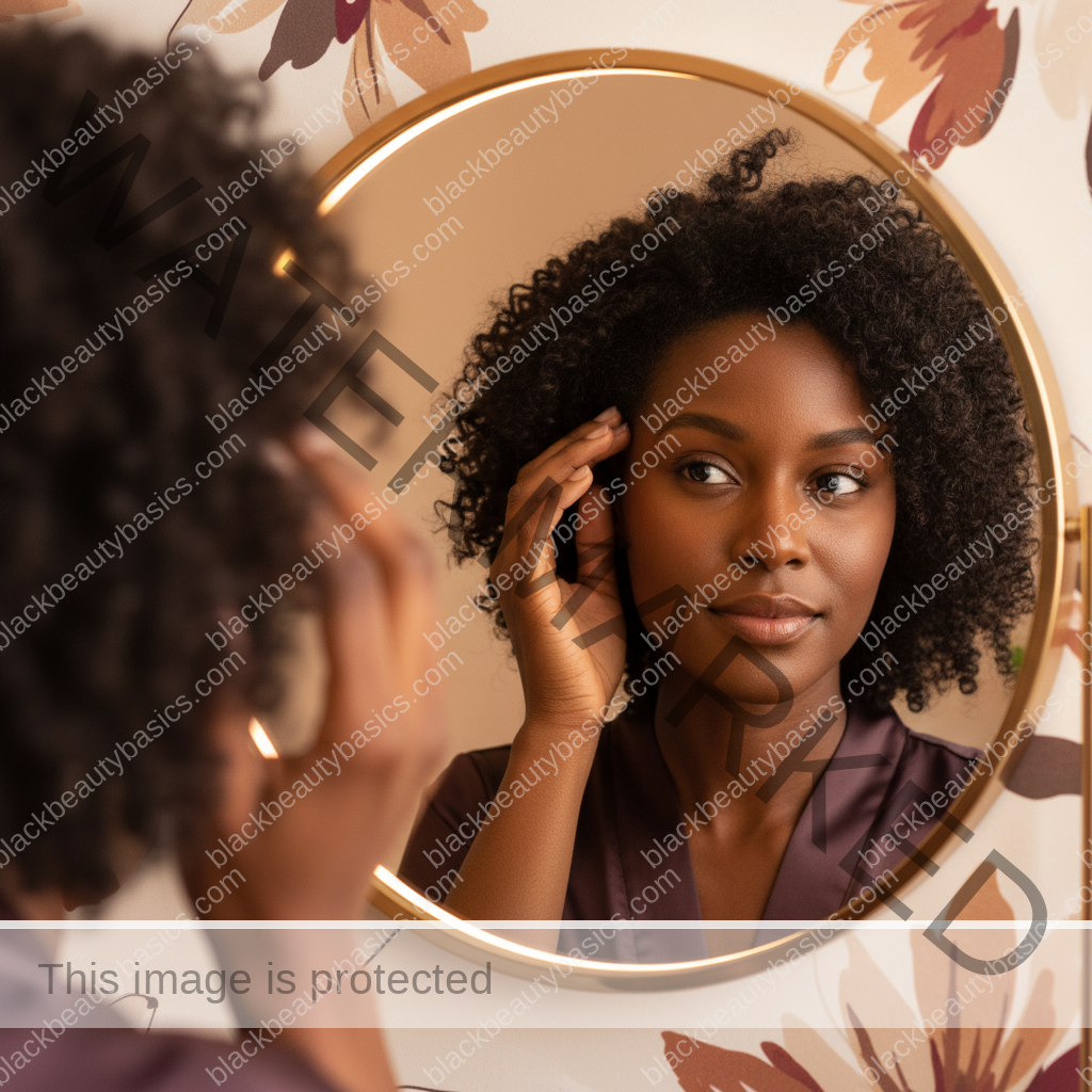 Melanin-rich Black woman with rich brown skin and textured hair gently checking scalp or hairline in a mirror