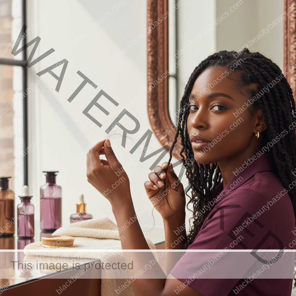 Melanin-rich Black woman with rich brown skin and textured hair in a warm editorial scalp-care moment for Hair Shedding vs Breakage on Natural Hair: How to Tell the Difference