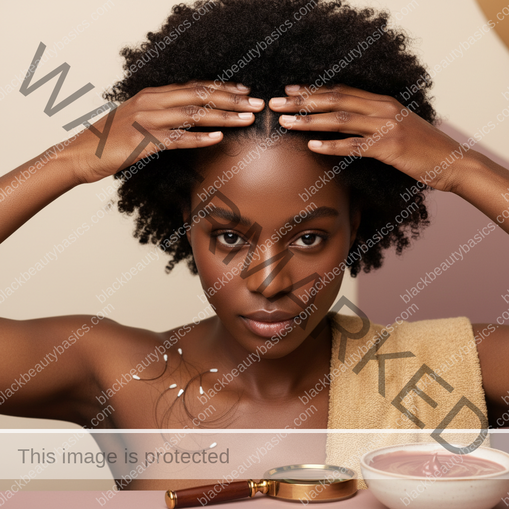 Melanin-rich Black woman with rich brown skin and textured hair using a practical scalp-care step with natural hands and correct anatomy