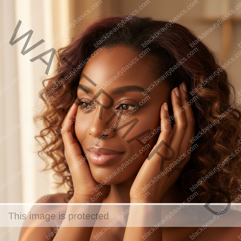Melanin-rich Black woman with rich brown skin and textured hair relaxed after a gentle scalp-care routine