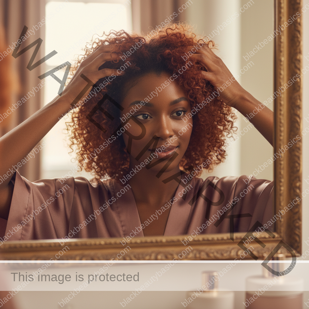 Melanin-rich Black woman with rich brown skin and textured hair gently checking scalp or hairline in a mirror