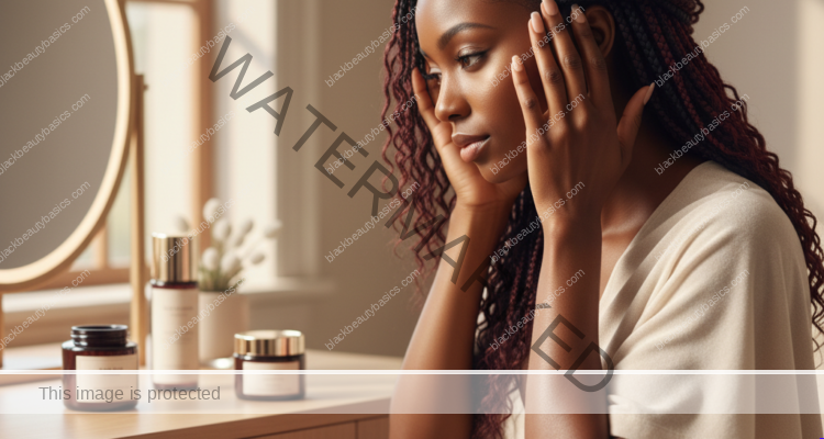 Melanin-rich Black woman with rich brown skin and textured hair in a warm editorial scalp-care moment for Heat Damage vs Hair Loss Around the Crown
