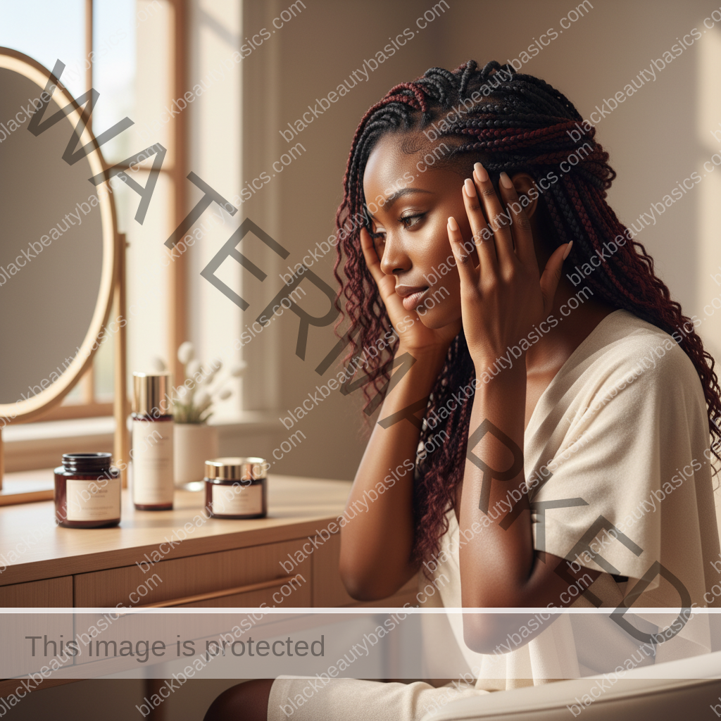 Melanin-rich Black woman with rich brown skin and textured hair in a warm editorial scalp-care moment for Heat Damage vs Hair Loss Around the Crown