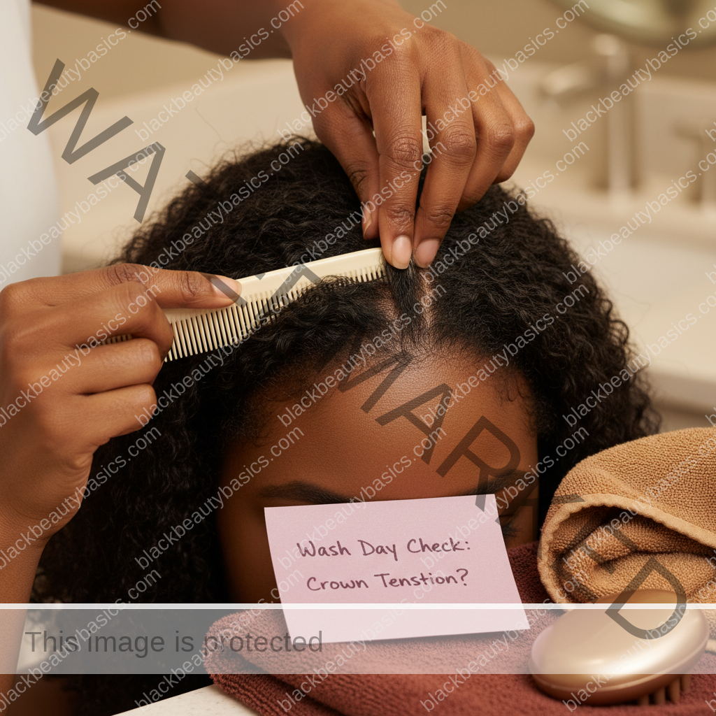 Melanin-rich Black woman with rich brown skin and textured hair using a practical scalp-care step with natural hands and correct anatomy
