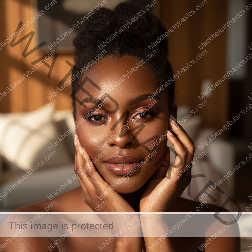Melanin-rich Black woman with rich brown skin and textured hair relaxed with dimensional makeup for deep skin