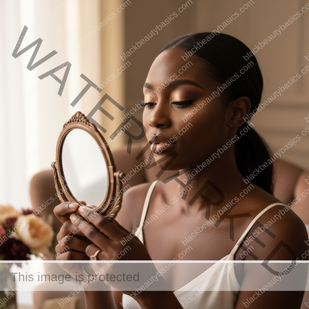 Melanin-rich Black woman with rich brown skin and textured hair in a calm mirror moment checking makeup undertone and finish