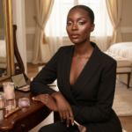Melanin-rich Black woman with rich brown skin and textured hair in a warm editorial makeup moment for Highlight Placement on Deep Skin for Glow Without Chalkiness