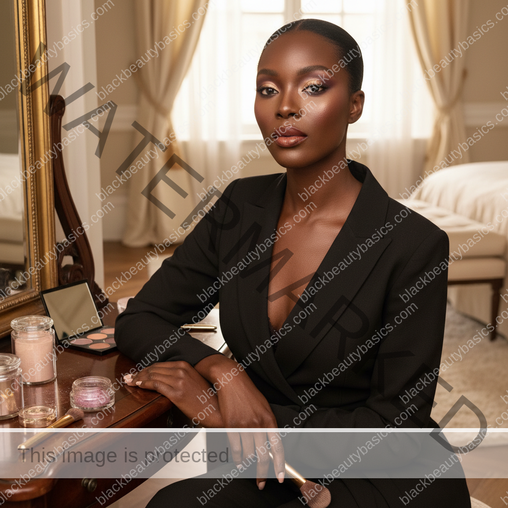 Melanin-rich Black woman with rich brown skin and textured hair in a warm editorial makeup moment for Highlight Placement on Deep Skin for Glow Without Chalkiness
