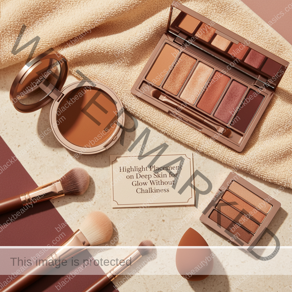 Deep skin makeup essentials for Highlight Placement on Deep Skin for Glow Without Chalkiness in ivory plum bronze and soft gold tones