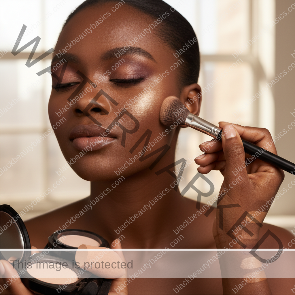 Melanin-rich Black woman with rich brown skin and textured hair using a practical makeup application step with natural hands and correct anatomy