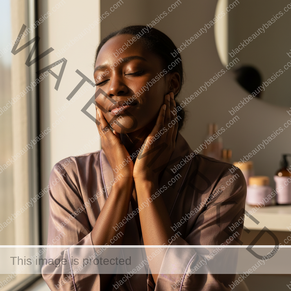 Black woman with deep skin relaxed after a gentle acne-safe skincare routine