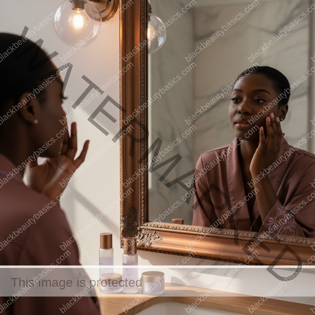 Black woman with richly melanated skin reflecting gently during an acne care routine