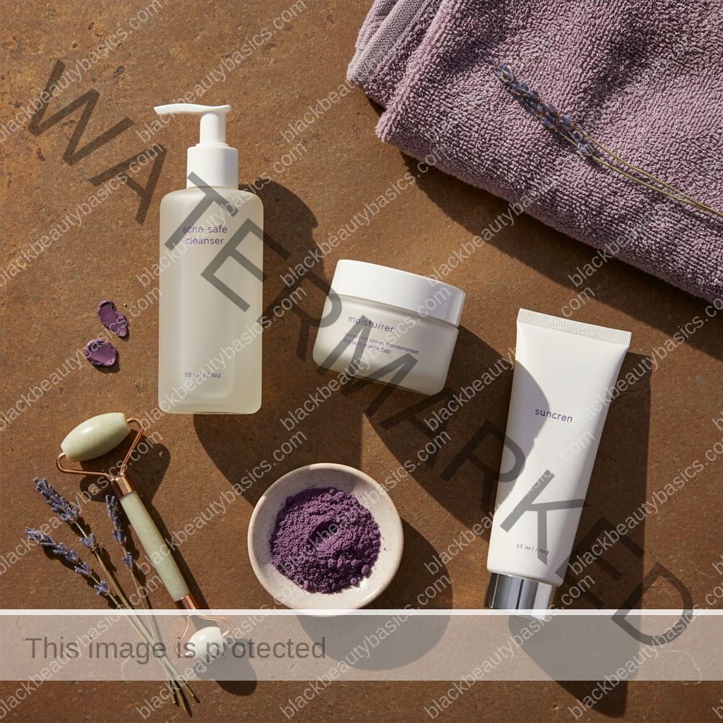 Acne-safe skincare essentials arranged for Hormonal Acne Patterns on Dark Skin by Age and Cycle Timing