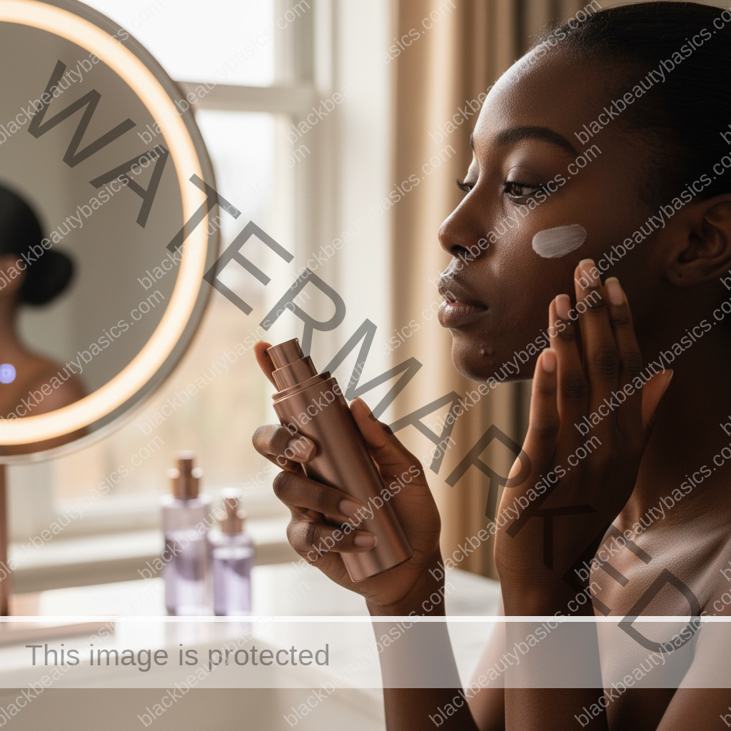 Black woman applying a gentle acne routine step for Hormonal Acne Patterns on Dark Skin by Age and Cycle Timing
