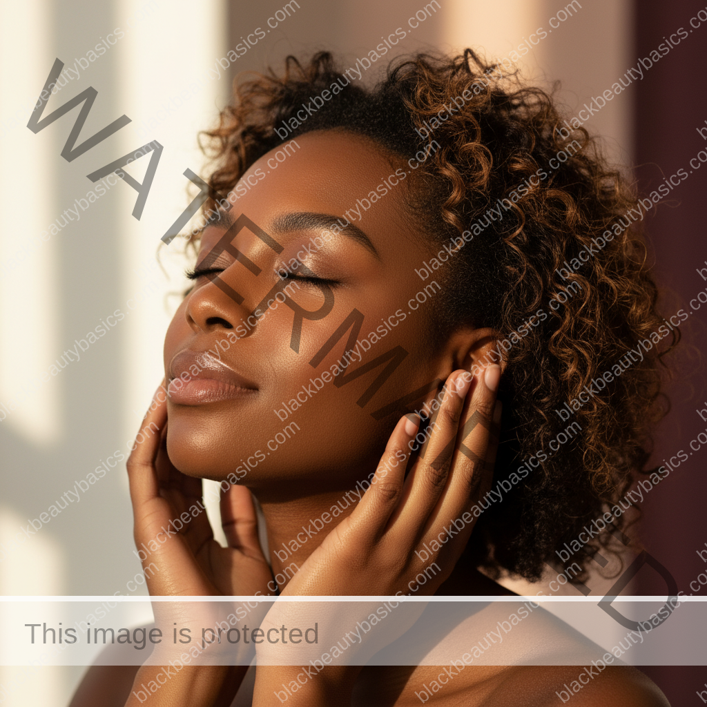Melanin-rich Black woman with rich brown skin and textured hair relaxed after a gentle scalp-care routine