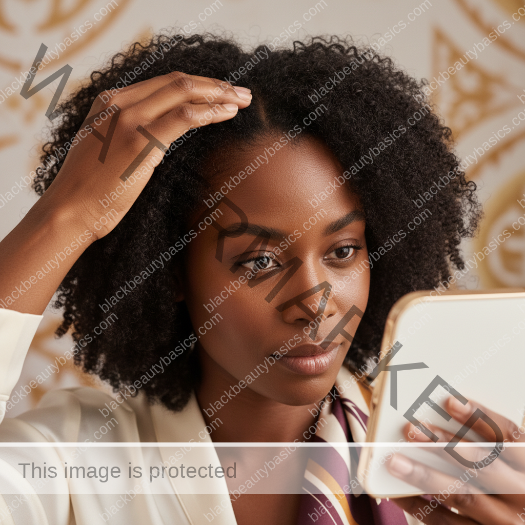 Melanin-rich Black woman with rich brown skin and textured hair gently checking scalp or hairline in a mirror