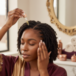 Melanin-rich Black woman with rich brown skin and textured hair in a warm editorial scalp-care moment for How CCCA May First Show Up on Textured Hair
